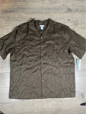 NWT Y2K Breakwater Men’s XL Brown 100% Linen Camp Collar Shirt